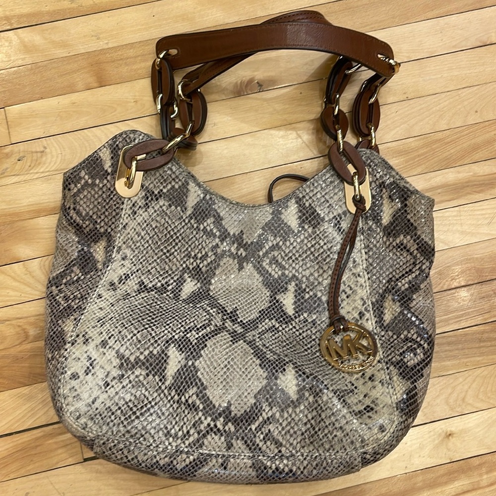 Micheal Kots Brown and Cream Snakeskin Shoulder Bag with Textured Design